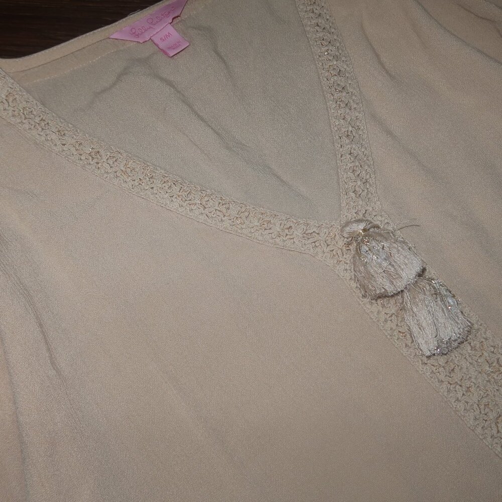 Womens Lilly Pulitzer Julietta Cold Shoulder Top Sand Dune Beige Tan Gold sz S/M - Picture 5 of 5